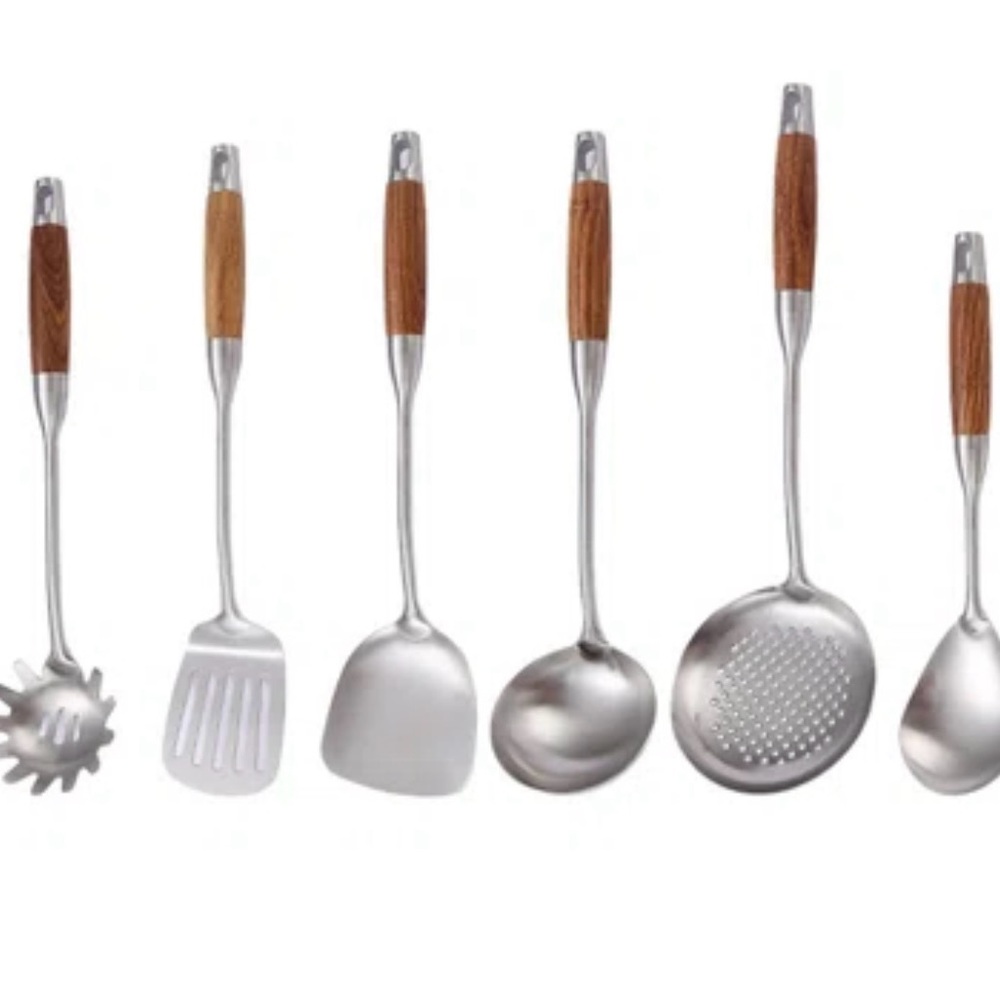 Stainless Steel Kitchen Utensil Set 6 with Wood Handles